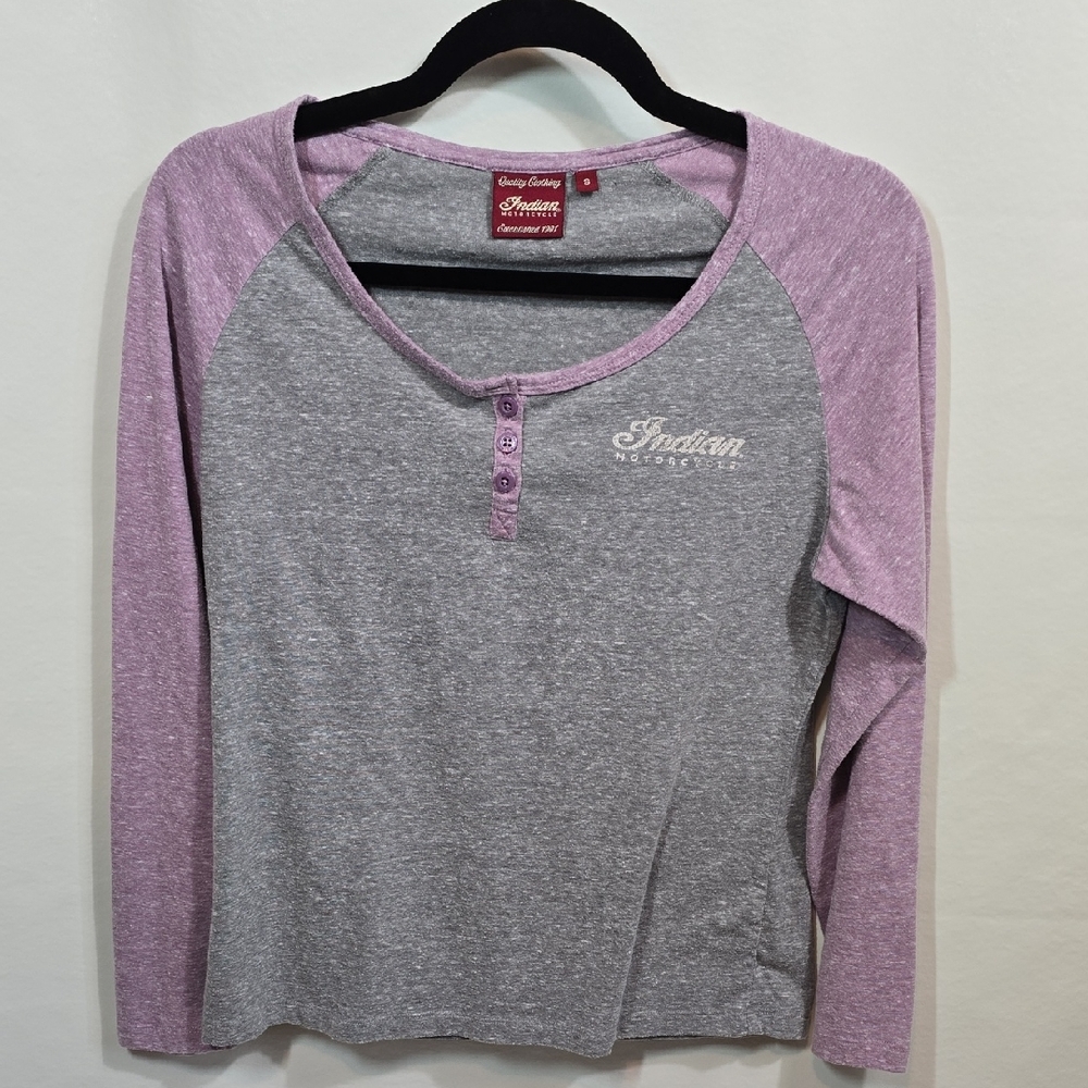 INDIAN MOTORCYCLE Grey & Lavender Bling Logo LS Baseball Henley Ladies Small